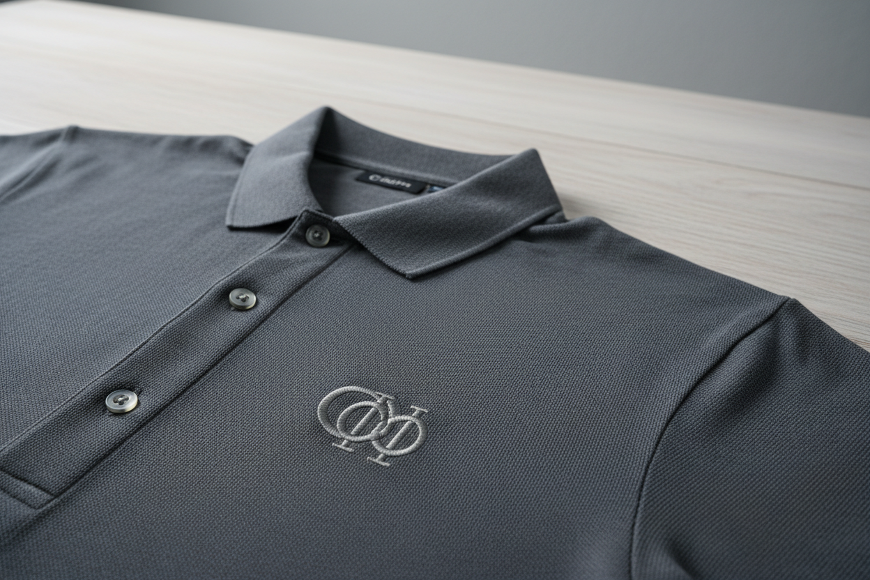 Una polo profesional con un logo bordado en el pecho lado izquierdo de algun logo generico